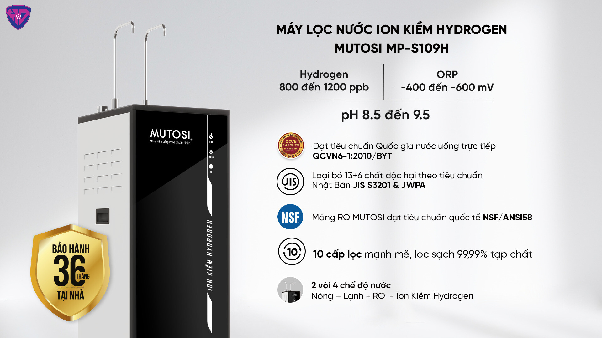 Máy lọc nước ion kiềm Mutosi MP-S109H với nhiều tính năng tiện lợi và an toàn cho sức khỏe của bạn